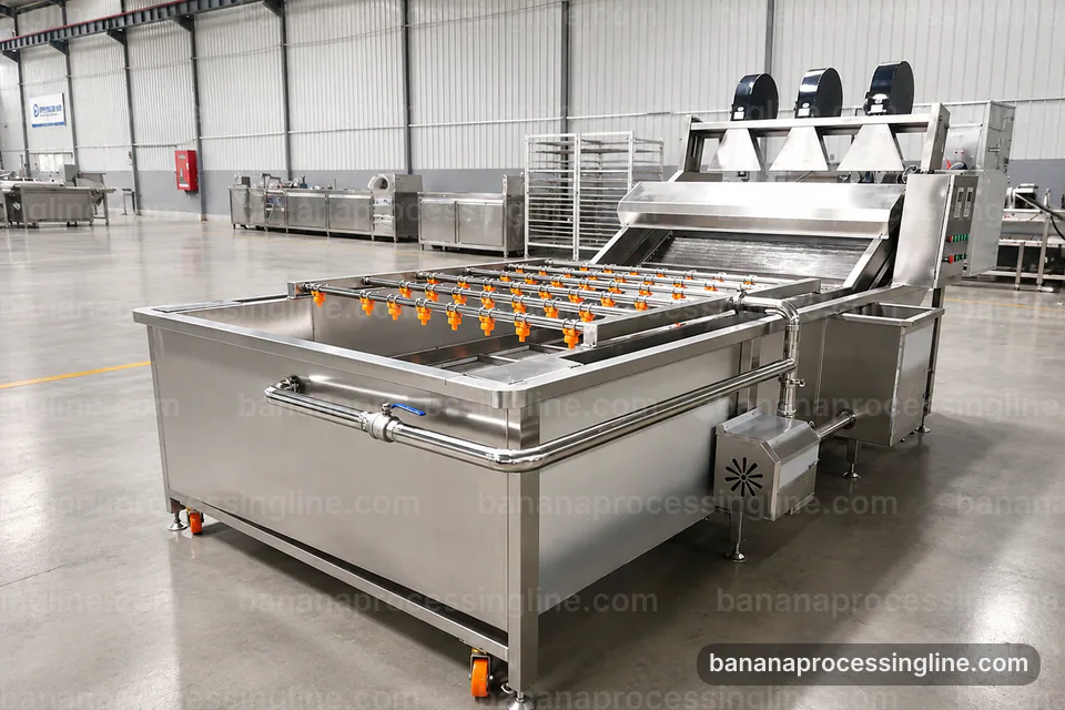 industrial banana pulp processing line, hygienic design: banana peeling and pulping section operating stage