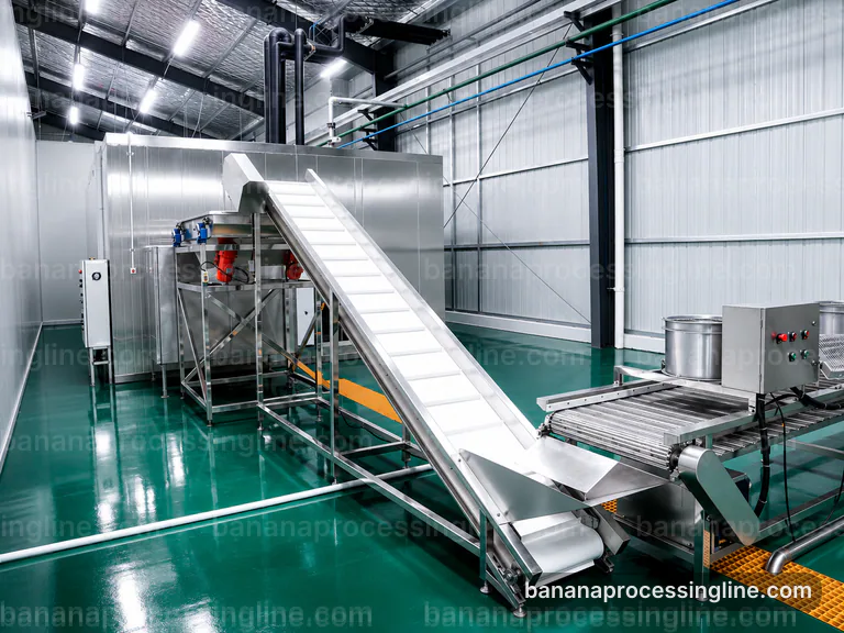 industrial banana pulp processing line, plant integration: banana peeling and pulping section connection view