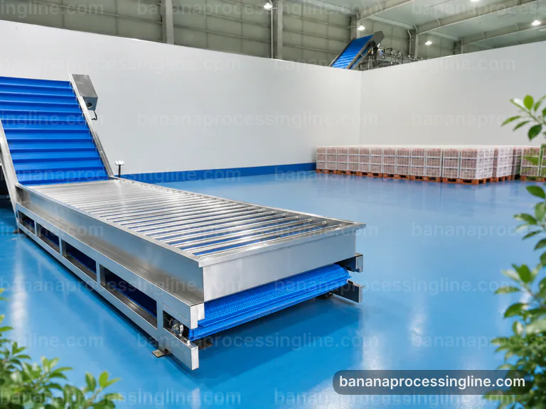 industrial banana pulp processing line, feed and output handling: maceration with fiber refinement section connection view
