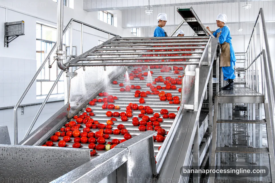 industrial banana pulp processing line, feed and output handling: banana peeling and pulping section operating stage