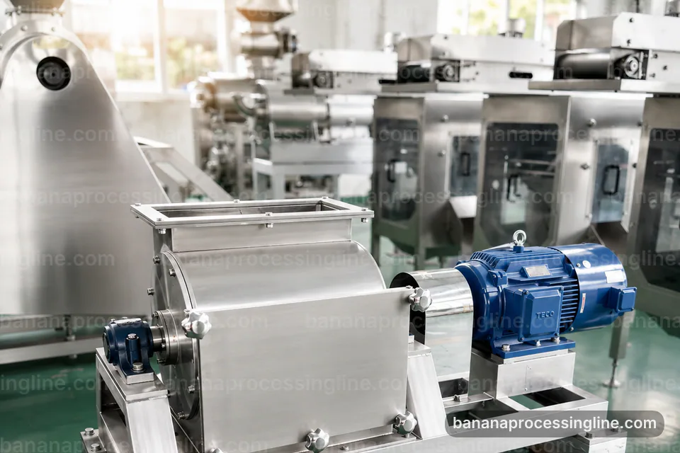 industrial banana pulp processing line, configuration options: maceration with fiber refinement section operating stage