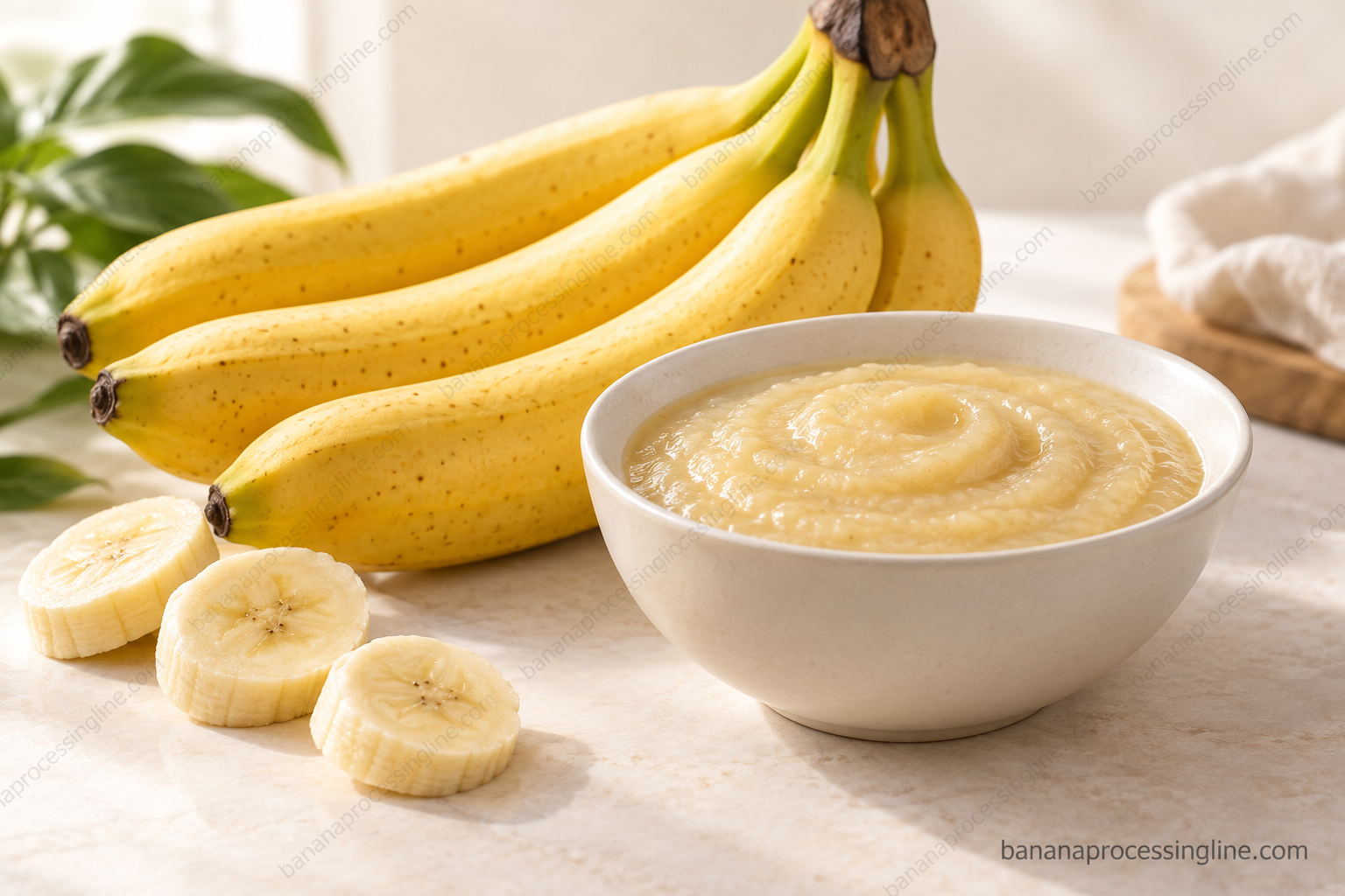 Bananas and a bowl of banana puree