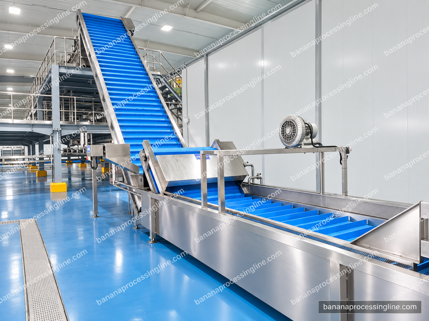 High inclined cleated elevator supplying the preparation platform