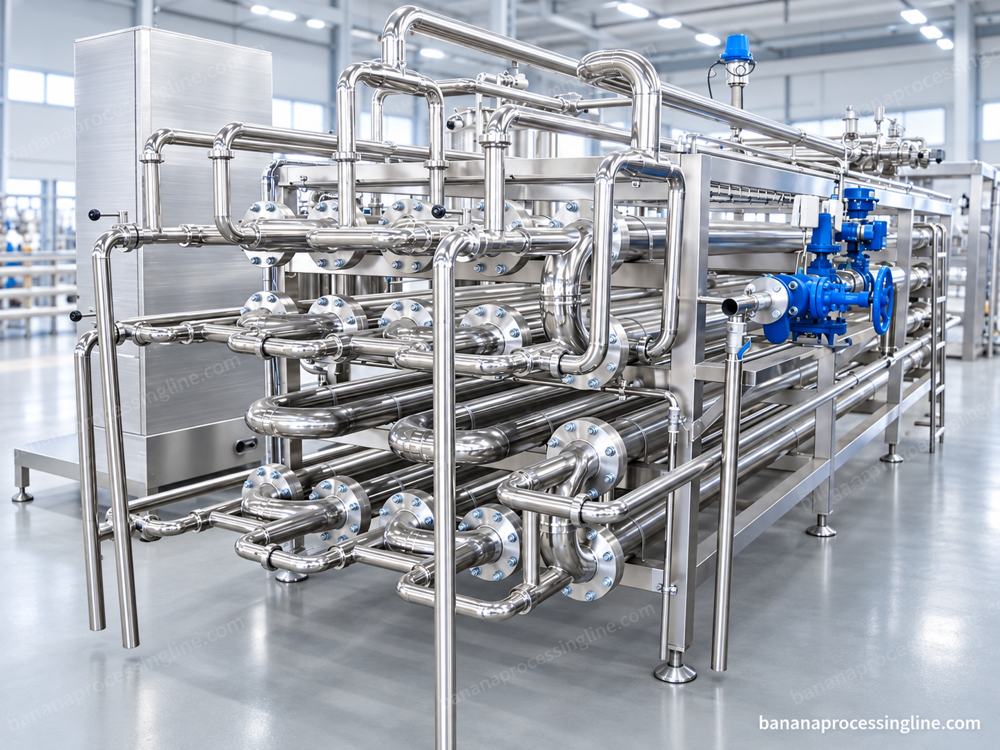 Exposed tubular heat treatment machine with visible stainless piping